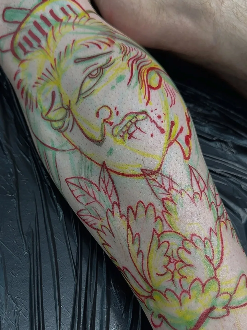 Line work laid in on a leg, before any colour