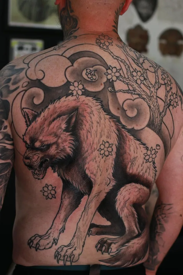 A wolf and flowers across a shoulder